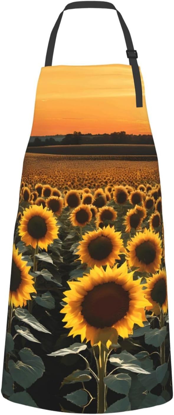 Farm Sunflowers Waterproof Apron For Adults With Two Large Pockets,Adjustable Neck And Waist Ties,Full-Length Bib Design-Polyester Fabric