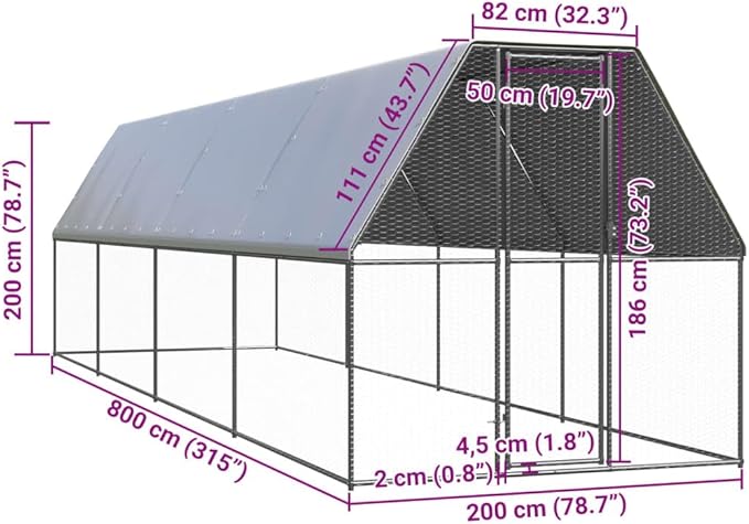 Galvanized Steel Chicken Cage Outdoor 78.7 x 78.7 x 78.7 in, Silver Grey Poultry Coop with Rustic Finish, Spacious & Sturdy Hen Pen, Easy Assembly for Backyard Farm Garden
