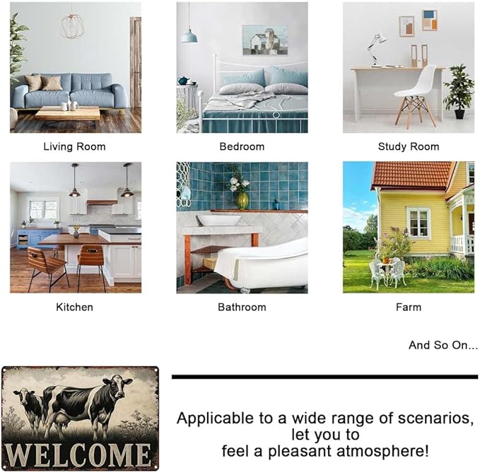 Vintage Farmhouse Metal Welcome Sign - Rustic Cow Farm Animal Theme 8x12 Inch Vintage Aluminum Metal Tin Signs-For Living Room Kitchen Patio Porch Backyard Home Decor Wall Decor