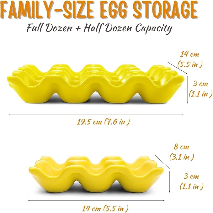Flexzion 12 + 6 Cups Ceramic Egg Holder for Fridge - 18 Porcelain Egg Tray Container Keeper Storage Organizer Decorative Serving Stand Serveware for Refrigerator Countertop Display Kitchen (Yellow)