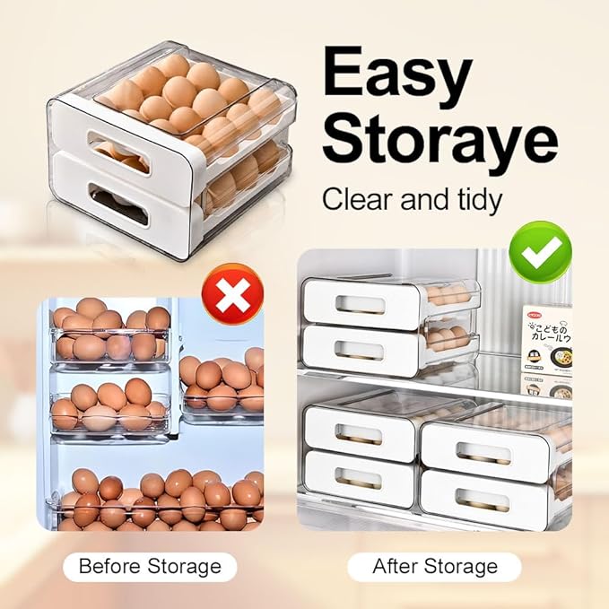 Koja 32-Egg, 2-Drawer Stackable Storage Container Holder for Refrigerator. Smooth Slide-out Drawers. BPA-free Kitchen Organizer, Space-Saving, Easy Access Design for Fridge. Durable and Leak-Proof