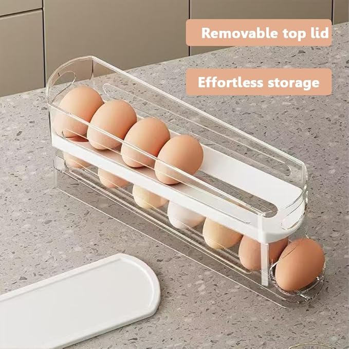 Auto-Rolling Egg Dispenser with Lid - Transparent Fridge Egg Organizer, Space-Saving Refrigerator Storage Box with Slide Design for Side Door, Stackable & Easy Access (1 Pack)