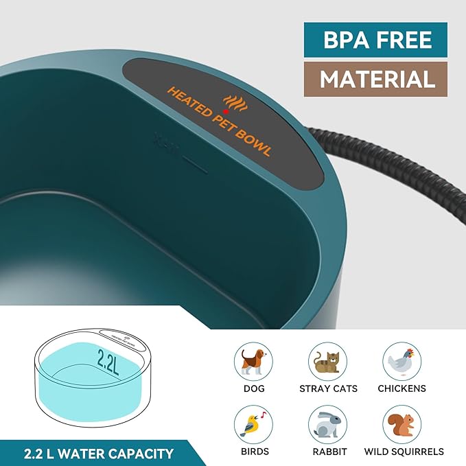 Dog Heated Water Bowl for Outdoor No Freeze Water Bowl Pet Water Heater with Chew Resistant Cord, 2.2L