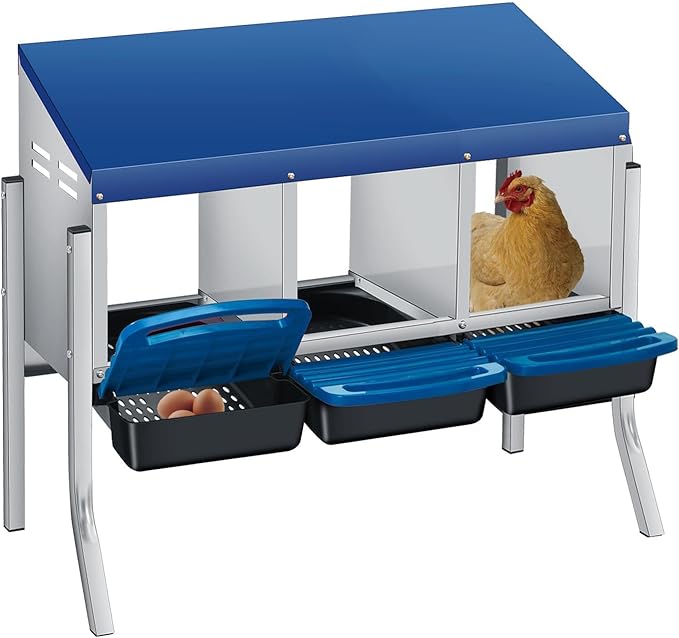 Chicken Nesting Boxes, Metal Rollaway Chicken Nest Box with Rollout Egg Collection, Removable Tray & Nesting Pads, Egg Laying Box for Chicken Coop Hens, Wall Mount or Standing, 3 Compartments, Blue