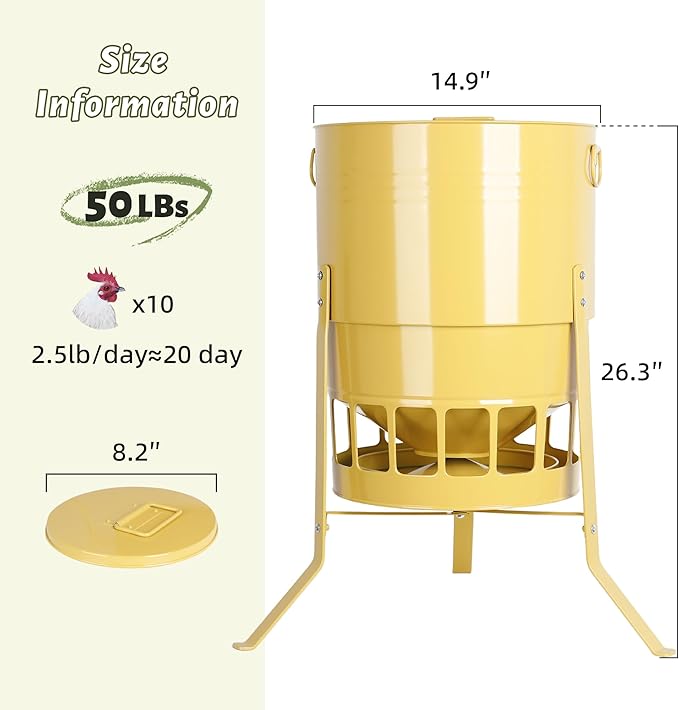 KOL Chicken Feeder No Waste for Coop & Outdoors, 16 Port 50lbs Poultry Feeder with Spill-Control Design, Rust-Proof Powder Coated Metal & Smooth Safe Edges (Yellow)