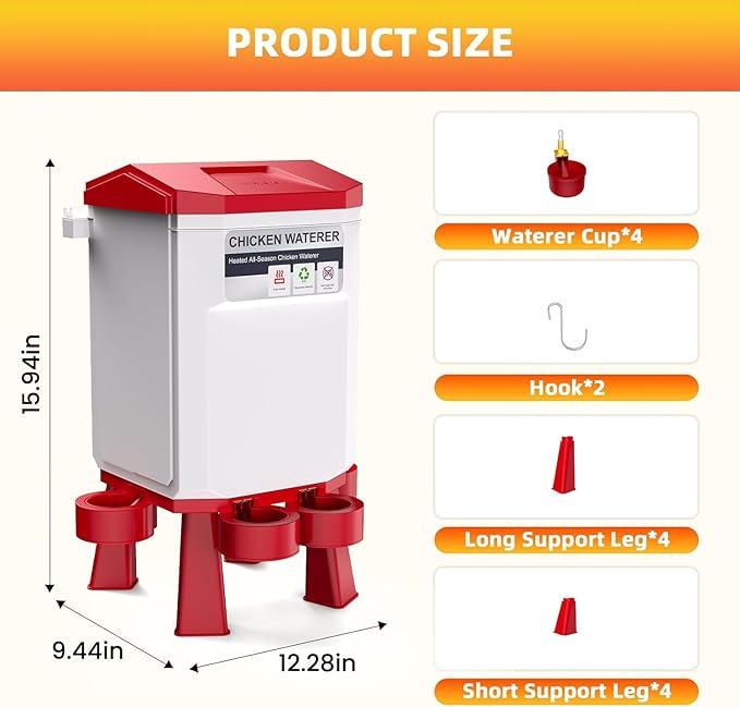 Heated Chicken Waterer, 2 Gallon Thermostatic Poultry Drinker with 4 Cups, Outdoor Winter Water Heater with Leg Base for Chickens, Ducks, Geese, Turkeys, Anti-Freeze Automatic Watering System