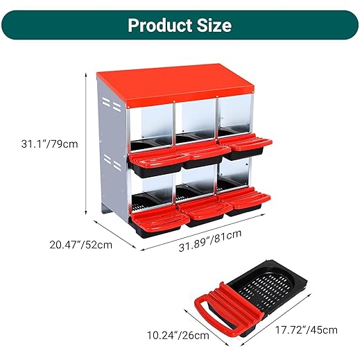 Garvee Chicken Nesting Boxes, 6 Hole Metal Chicken Laying Box with Removable Trays for Chicken Coop, Red