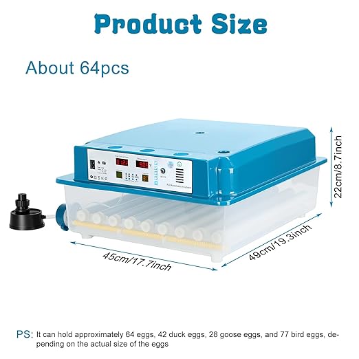 Incubators for Hatching Eggs,64 Egg Incubator with Automatic Turner, Digital Temperature & Humidity Control, Dual Power for Hatching Chicken, Duck, Goose, Bird, Quail Eggs