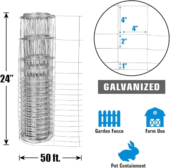 Fencer Wire 16 Gauge Galvanized Super Rabbit Guard Garden Fence, Welded Wire Fence for Preventing Rabbits, Dogs, Cats, Chickens, and Other Small Animals from Damaging The Garden (24 in. x 50 ft.)