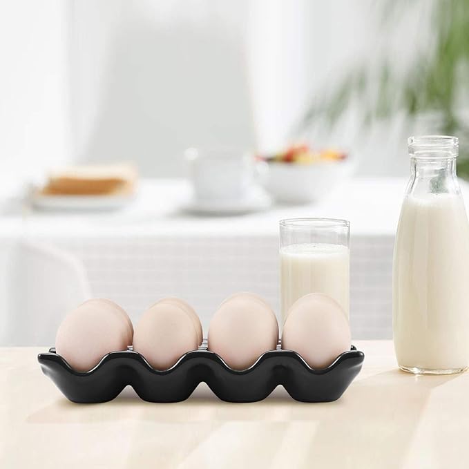 Flexzion 12 Cup Ceramic Egg Tray - Whole Dozen Porcelain Egg Holder Container Storage Organizer Decorative Serving Stand Serveware for Refrigerator Countertop