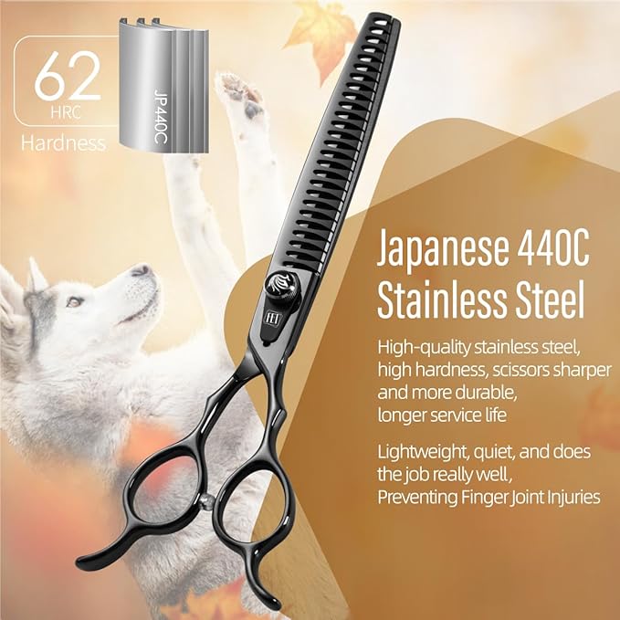 Dog Grooming Scissors: 8.0 inch Bright Black Pet Chunker Shears Made Of Japanese 440C Advanced Stainless Steel Professional Grooming Scissors for Dogs Cats and Other Pets