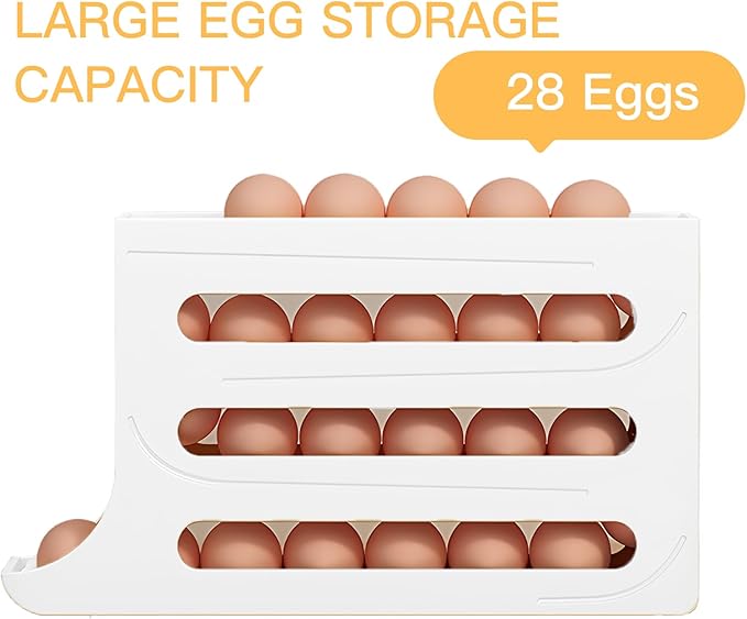 Automatic Rolling Egg Storage For Refrigerator, Fridge Organizer, Space Saving Refrigerator Egg Holder For Fridge ,Holds 28 Egg Storage，for Refrigerator,Kitchen,Cabinets,Tabl (White)