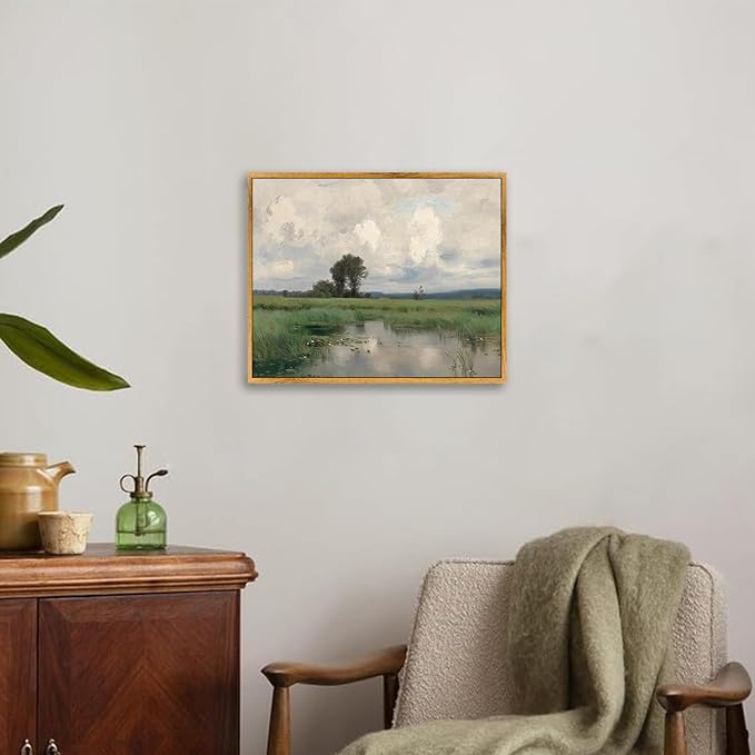 Farmhouse River Artwork Vintage Landscape Framed Pictures Nature Wilderness Wall Art Rustic Landscape Painting Wilderness Green Poster Farmhouse Scenery Picture Countryside Canvas Wall Art 8x10in Framed