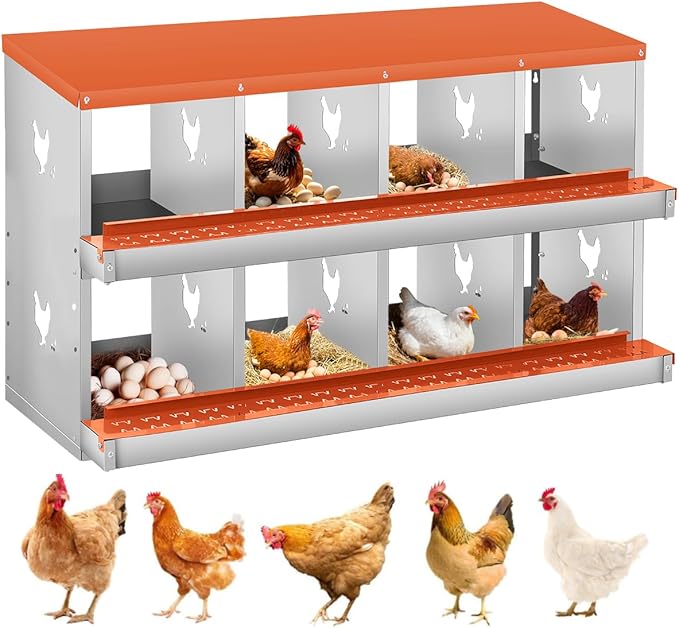 Chicken Nesting Box,8 Compartments Nesting Box for Chickens, Two-Tier Galvanized Metal Wall Mount Chicken Egg Laying Box with Large Vented Holes for Easy Egg Collection ﻿