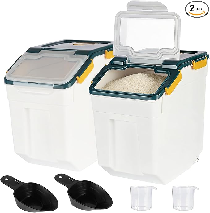 PENCK Rice Storage Container 50 lbs Large Household Flour Sugar Containers Airtight Grain Cereal Dispenser with Wheels, Locking Lid & Measuring Cup for Kitchen Pantry Organization, 2 Pack(Blue)