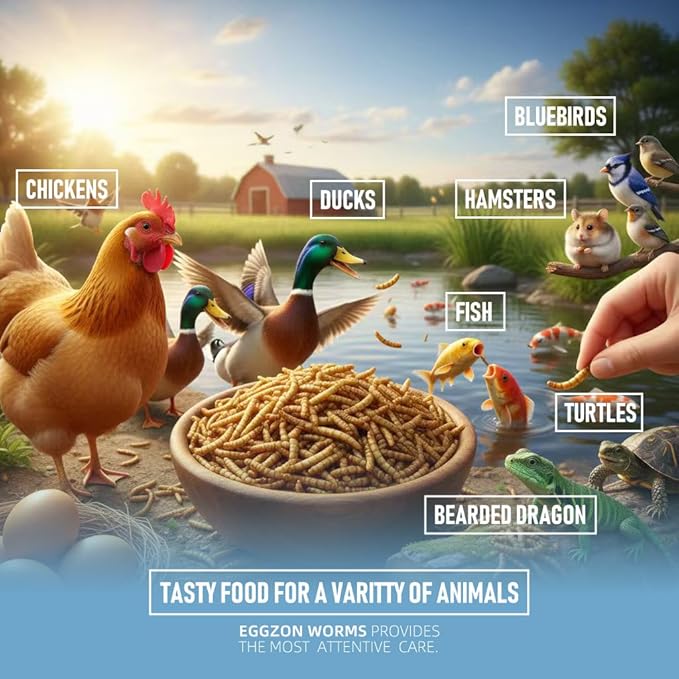Dried Mealworms,10 lbs(2x5lb Bags),100% Natural Non-GMO, High Protein,All-Natural Chemical-Free Feed for Chickens, Ducks, Reptiles, Birds Food, Hedgehogs & Bearded Dragons, Insect Larvae