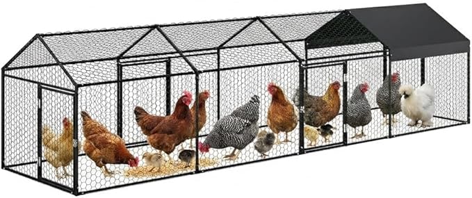 Metal Chicken Coop, 160" x40" x40" Large Chicken Run with 3 Doors, Outdoor Hen House for Yard with Waterproof and Anti-UV Cover, Walk in Poultry Cage for Rabbit Duck Goose, Silver
