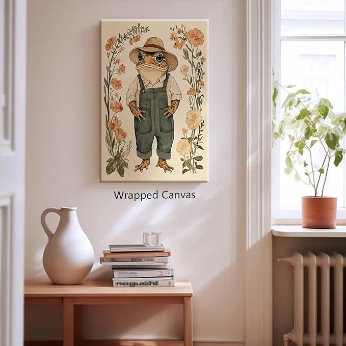 Nursery Animal Canvas Wall Art, Toad In Overalls Poster, Rustic Frog and Wild Flowers Painting, Cozy Folk Art Print, Farmhouse Animal Botanical Floral Painting for Kids Room 12x16in Framed