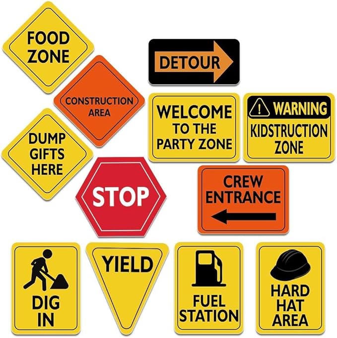WERNNSAI Construction Party Decorations - 12 PCS Construction Birthday Party Supplies for Boys Kids Truck Birthday Cutouts Traffic Road Signs for Under Construction Party Baby Shower Wall Decor