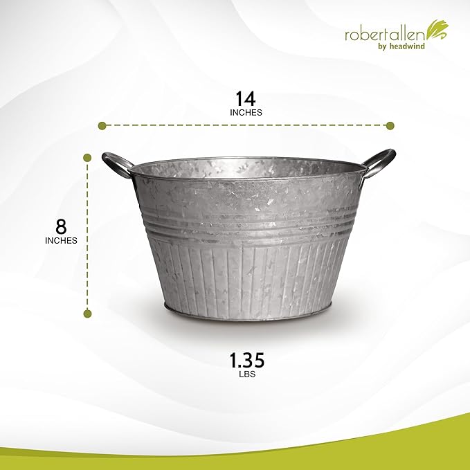 Headwind Decorative Planter - Round Galvanized Tub Planter with Handles – 14 Inch Lightweight Metal Planter with Drainage Hole – Galvanized Steel Tub for Plants - Metal Flower Pot by Robert Allen