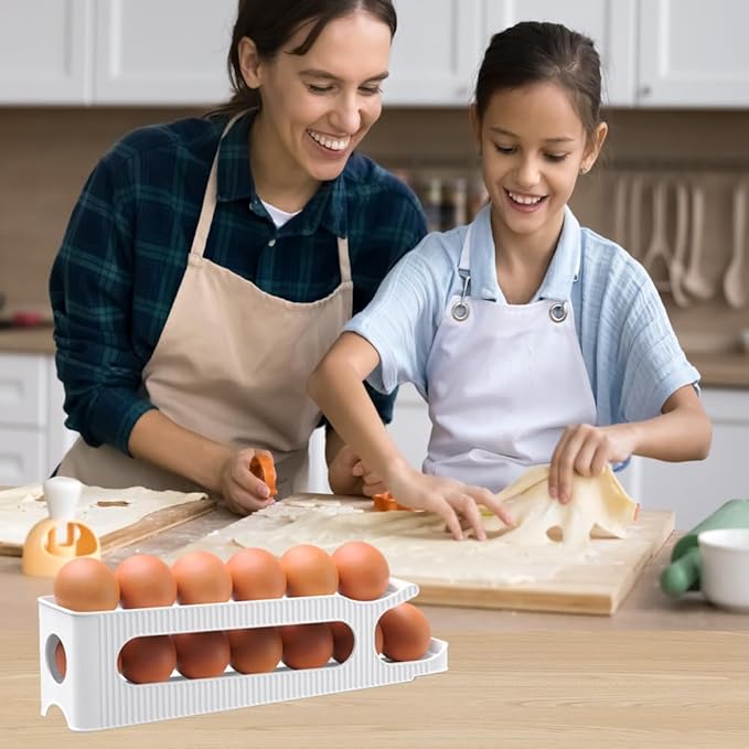 Egg Holder for Fridge, 2 Tiers Auto Rolling Forward (Can not Roll Down), Egg Storage Organizer for Refrigerator, Slim Space Saving Container, Dispenser - Egg Roller for Eggs 24 Count, Non-Stackable