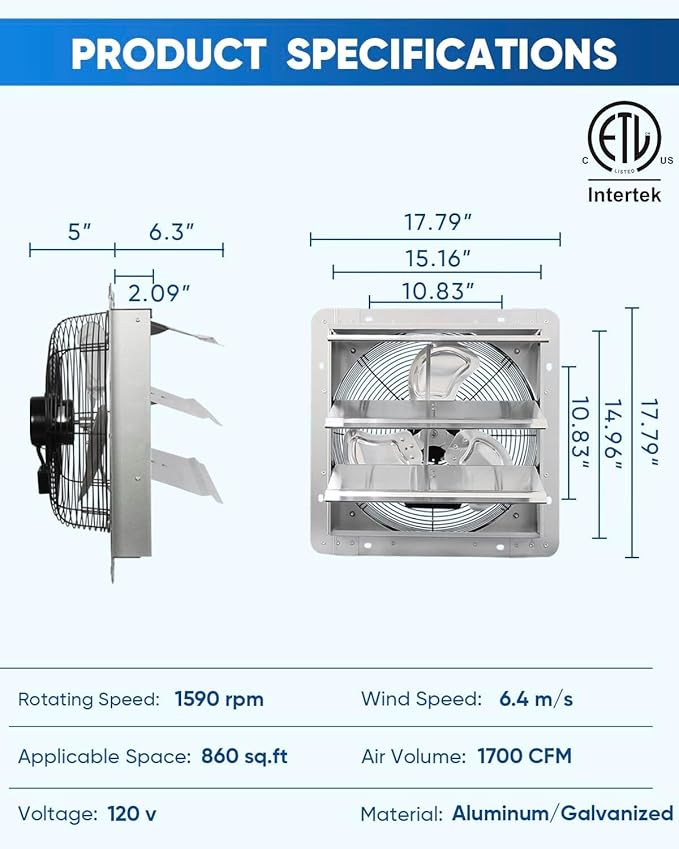 KEN BROWN 14 Inch Shutter Exhaust Fan, Gable Vent Fan, Wall Mount Ventilation, High Speed 1950 CFM, Automatic Aluminum Blades, for Garages, Shop, Greenhouse, Attic, with Power Cord