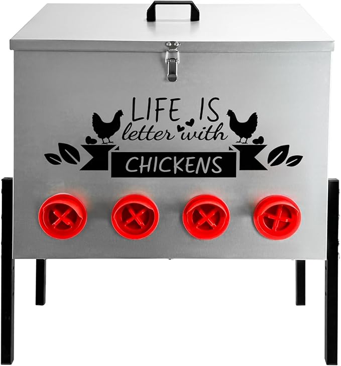 Automatic Chicken Feeder 95LB Large Capacity Poultry Feeders with 10 No Waste Feeding Ports Galvanized Metal Feeder Box with Adjustable Legs Locking Lid and Handles for Outdoor