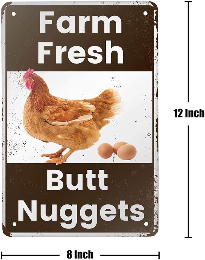 Vintage Metal Tin Sign - Farm Fresh Butt Nuggets -Chicken Egg Sale Market Farm Barn Bathroom Yardr Themed Gifts Rustic Poster Art Retro Decor 8x12 Inch