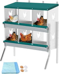 Chicken Nesting Box 6 Compartment with Legs 10 Pet Moisture Pads and 4 Fake Eggs Roll Away Egg Collection, Perch, Lid Cover for Egg Protection - Wall Mount Nest Box for Chickens, Hens, Ducks