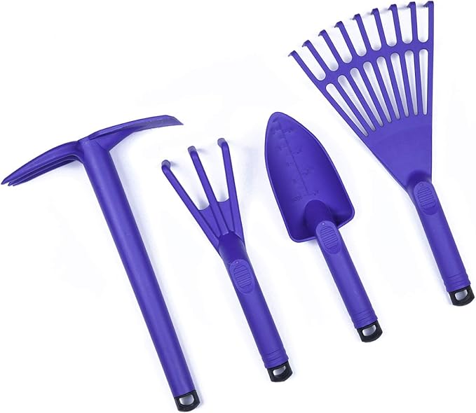 Mintra Garden Tool Set, 4 Piece Heavy Duty Gardening Tools Including Cultivator, Trowel, Shovel & Rake, Durable Poly Material & Non-Slip Handle, Garden Hand Tools Set for Gardening Gift, Purple