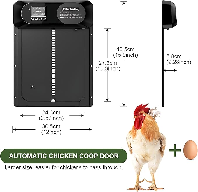 Large Size Automatic Chicken Coop Door Solar Powered,15.9"H x 12"L x 2.28"W,Aluminum Alloy Chicken Door with LCD Display,Timer & Light Sensor,4 Control Modes,Anti-Pinch Coop Door with Remote Control