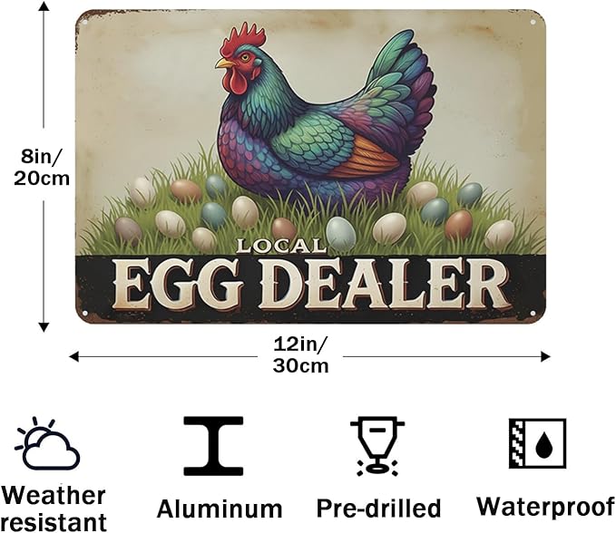 Local Egg Dealer Funny Chicken Coop Sign Farm Fresh Eggs Aluminum Sign Humorous Poultry Farm Decor Gift for Chicken Lovers Rustic Metal Sign 8x12 Inches Style-04