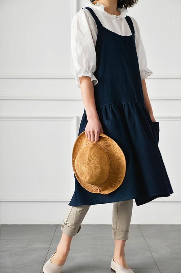 NEWGEM Cotton Linen Cross Back Apron for Women with Pockets for Cooking Baking Navy Blue with Waist Ties