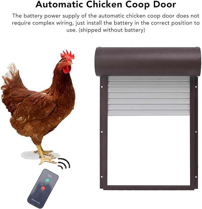 Automatic Solar Powered Chicken Coop Door with Light Sensing and Timer, Metal Iron Auto Chicken House Protection Door for Duck Goose, Remote Control, with LED Clear Dosplay (Brown)