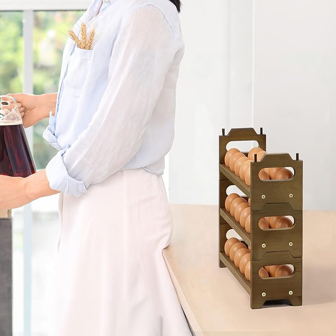 Wooden Egg Holder for Countertop, 3 Tier Egg Rack for 36 Eggs, Kitchen Counter Wood Egg Organizer Tray Racks, Fits Quail, Duck, Turkey, Chicken Eggs