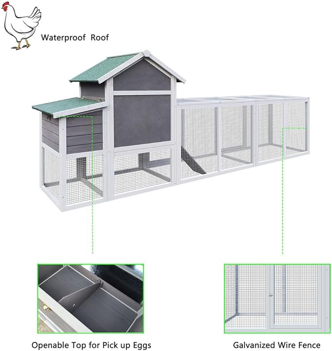 123" Large Wooden Chicken Coop with Run for 4–6 Chickens, Outdoor Hen House with Nesting Box, Sliding Tray, Ramp and Lockable Doors, Weather-Resistant Poultry Enclosure for Backyard, Farm,Gray