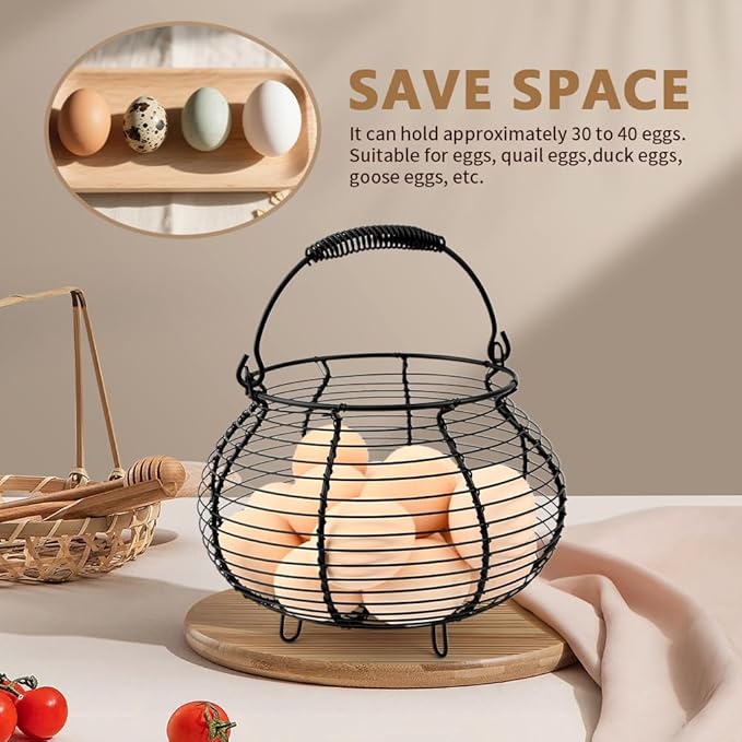 Chicken Wire Egg Basket for Gathering Fresh Eggs,Vintage Chicken Egg Collecting-Basket with Handle,Farmhouse Metal Wire Eggs Holder-Basket for Easter Christmas Kitchen DecorBlack)