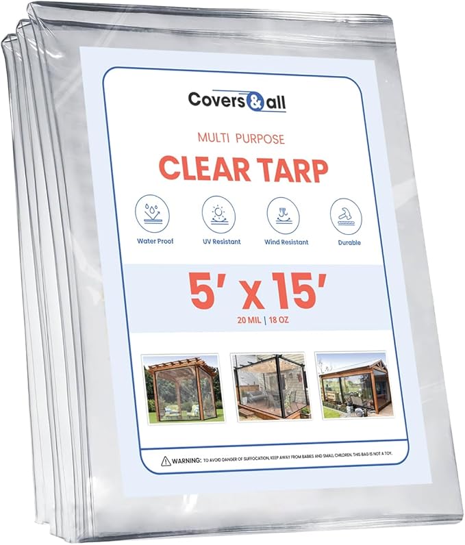 Covers & All Heavy Duty Clear Vinyl Tarp – 20 Mil Waterproof Clear Tarp with Grommets for Patio, Porch, Gazebo, Greenhouse & Chicken Coop (5 x 15 ft)