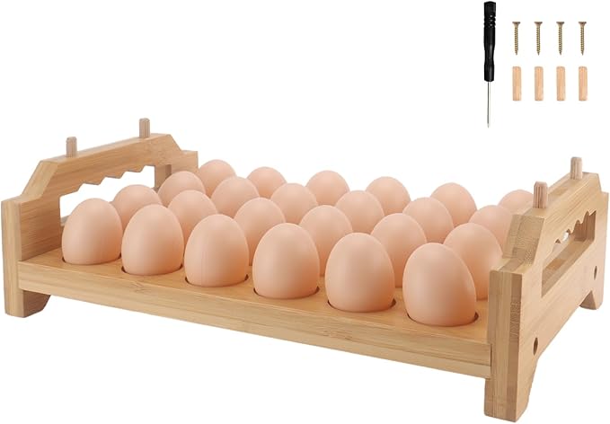 Bamboo Egg Holder 24 Pcs Eggs Rack Countertop Storage, Surface Paint & Handle Design for Kitchen Fresh Egg Holder Countertop and Fridge Egg Organizer
