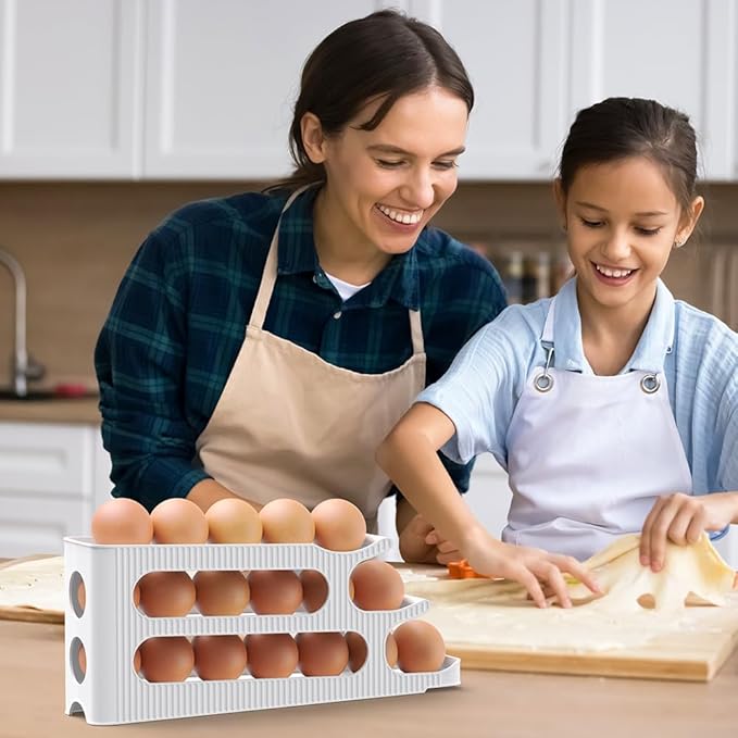 Sotfamily Egg Holder for Fridge, 3 Tiers Auto Rolling Egg Storage Organizer for Refrigerator, Slim Space Saving Container, Dispenser - Egg Roller for Eggs 18 Count