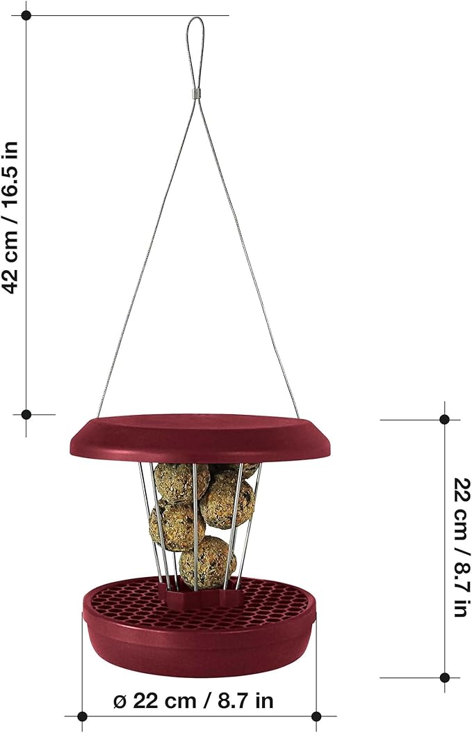 SWISSINNO Bird Feeders - No Mess Fat Ball/Suet Feeder for Outdoors Hanging - Smart Birds Lucerne Spill Proof Wild Cardinal Bird Feeder with Integrated Seed Catcher Tray - Burgundy