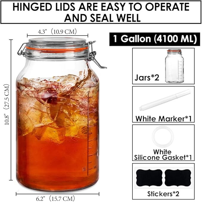 1 Gallon Glass Jars with Airtight Lid, Large Glass Storage Containers with Lids, 2 Pack Wide Mouth Mason Jars with Measurement Marks, Kitchen Pantry Storage for Flour, Sugar, 138oz, Dishwasher safe