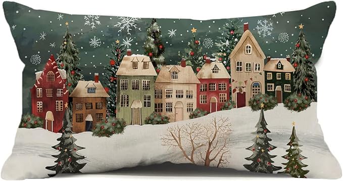 Christmas Lumbar Pillow Cover 12x20 Inch Green Wonderland Forest Tree House Decoration Holiday Farmhouse Pillow Case Decor for Home Sofa Couch
