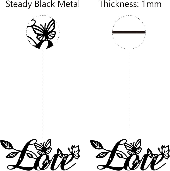 CREATCABIN Love Metal Wall Decor Hanging Letter Signs Iron Black Iron Rustic Love Word Leaves Butterfly Art Decoration Sign Cutout for Valentine's Day Home Office Living Room Walls 11.8 x 4.7 Inch