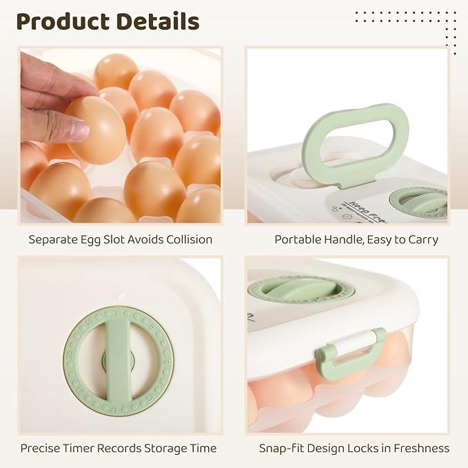 Homaisson 2 Pcs Egg Organizer for Refrigerator, Clear Stackable Egg Containers with Timer, Reusable Egg Carton with Handle, 12.8 x 9 x 3.2 in Large Capacity Egg Holder with Lids