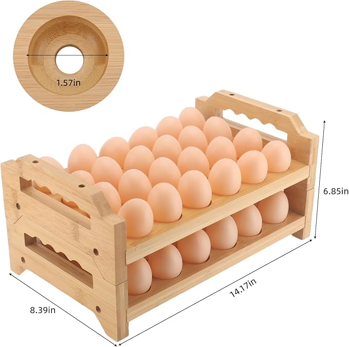Egg Holder, 2 Tier Egg Holder Countertop, Bamboo Egg Organizer and Storage for Gathering 48 Fresh Eggs, Egg Stackable Stand Rack, Egg Basket for Kitchen Farmhouse
