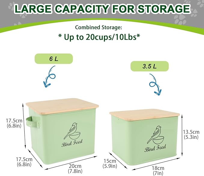 Airtight Bird Seed Storage Container Set of 2, 10LB Metal Bird Food Container with Bamboo Lids,Wild Bird Seed Tin for Storing Sunflower Seed-Squirrel proof -Green