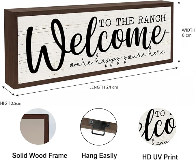 Farmhouse Wood Signs, Framed Wooden Block Sign, Western Home Decor, Wall Decoration for Barn Farm Cottage, Cowboy Decor Signs, Welcome to the Ranch Sign 9.5x3.1x1 inches