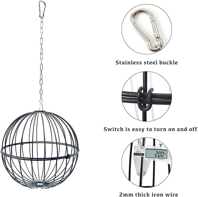 Hanging Chicken Feeder - 7.1 Inch Large Iron Chicken Veggie Treat Ball - Sturdy Chicken Treat Holder with 15.7 Inch Hanging Chain - Black