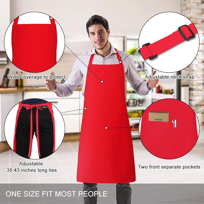 Jubatus 2 Pack 100% Cotton Aprons with 2 Pockets Cooking Chef Kitchen Adjustable Bib Apron for Women Men, Red